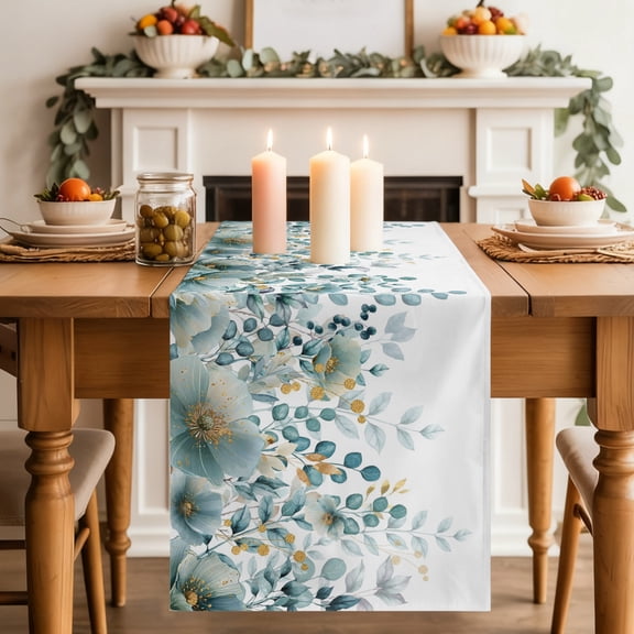 Teal Teal Eucalyptus Leaf Dining Table Runner, Floral Botanical Spring Summer Washable Table Runners Kitchen Coffee Table Center Decor for Home Party Holiday Wedding 13 x 48 Inches