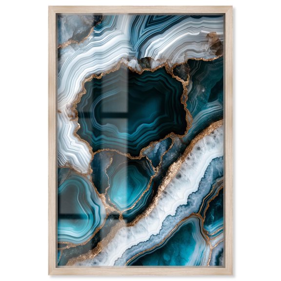 Teal Tectonic I Shadowbox Print Blue Geode Wall Art by Art Remedy, Blonde Frame, 16 x 24