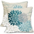 thumbnail image 1 of Teal Throw Pillow Covers 30x30 Inch Dahlia Flower Decorative Pillows Modern Geometry Floral Outdoor Farmhouse Pillowcase Linen Square Cushion Case Decor for Home Sofa Couch Bed, Set of 2, 1 of 5