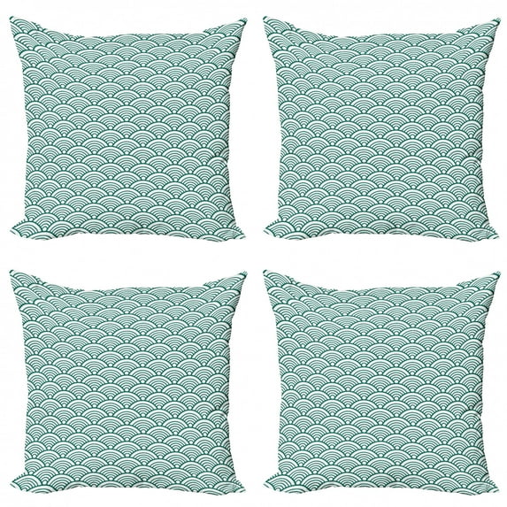 Ambesonne Teal Throw Pillow Cover 4 Pack, Seigaiha Scales, 16", Jade Green White