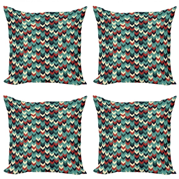 Ambesonne Teal Throw Pillow Cover 4 Pack, Chevron Herringbone Retro, 24", Multicolor