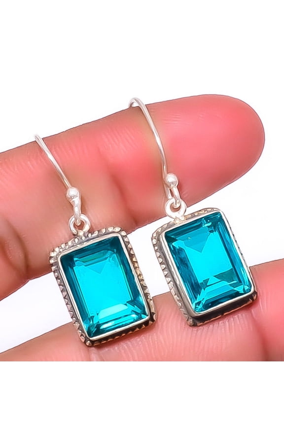 Teal Tourmaline 925 Sterling Silver Earring 1.40" E7447-53, Christmas Gift, Gemstone Silver Jewelry, Tourmaline Earring, New Year Sale