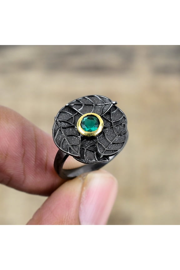 Teal Tourmaline Black And Gold Plated 925 Sterling Silver Ring S.7 R87228, Christmas Gift