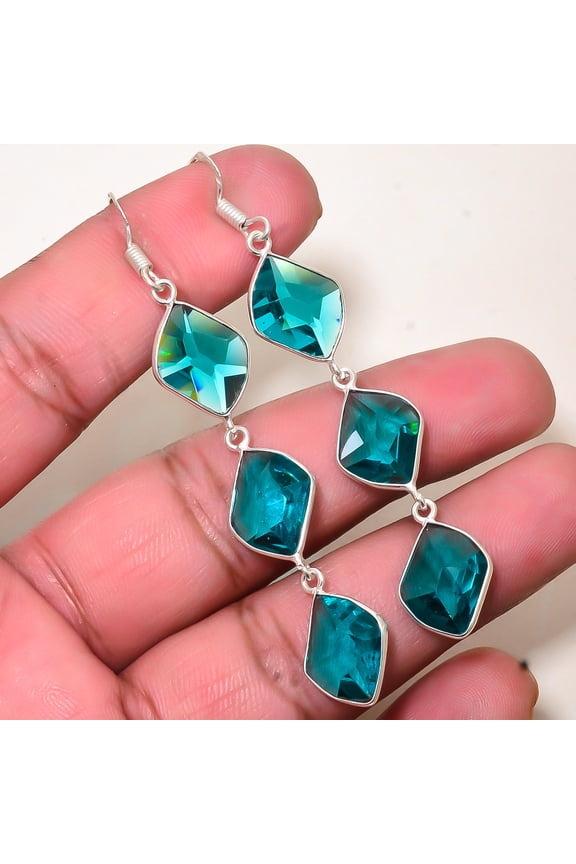 Teal Tourmaline Gemstone 925 Sterling Silver Handmade Bezel Earring 2.42" E228