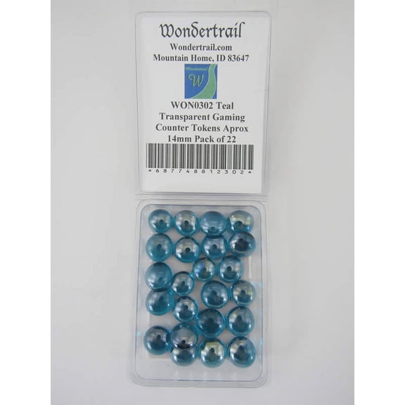 Teal Transparent Gaming Counter Tokens Aprox 14mm Pack of 22 Wondertrail