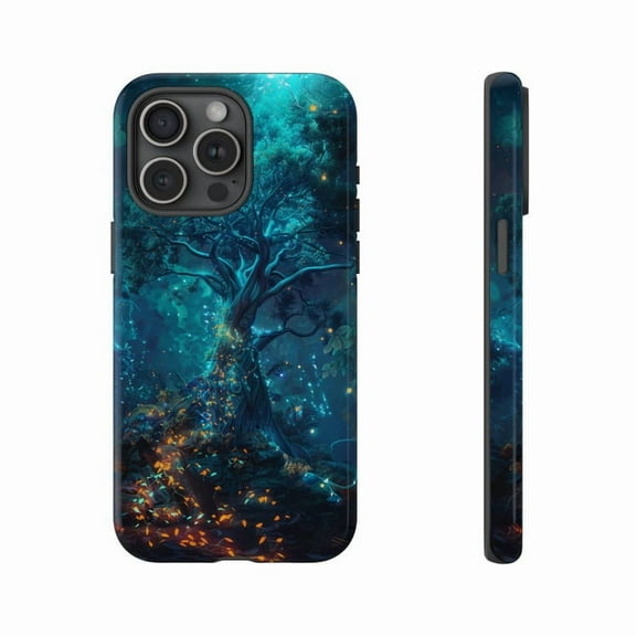 Teal Tree of Life Glowing Leaves Artwork Phone Case Fantasy Forest for iPhone 17 16 15 14 13 12 11 Pro Max