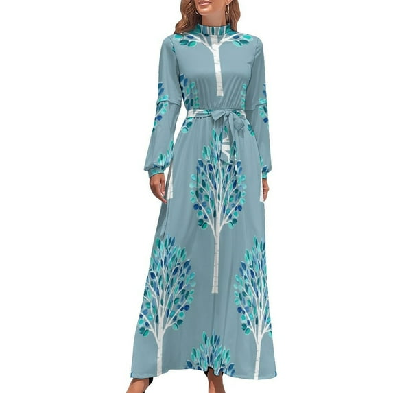 Teal Trees Pattern Women's Long Dress Long Sleeves Dress Vintage Dresses Party Maxi Dress High Waist Dress