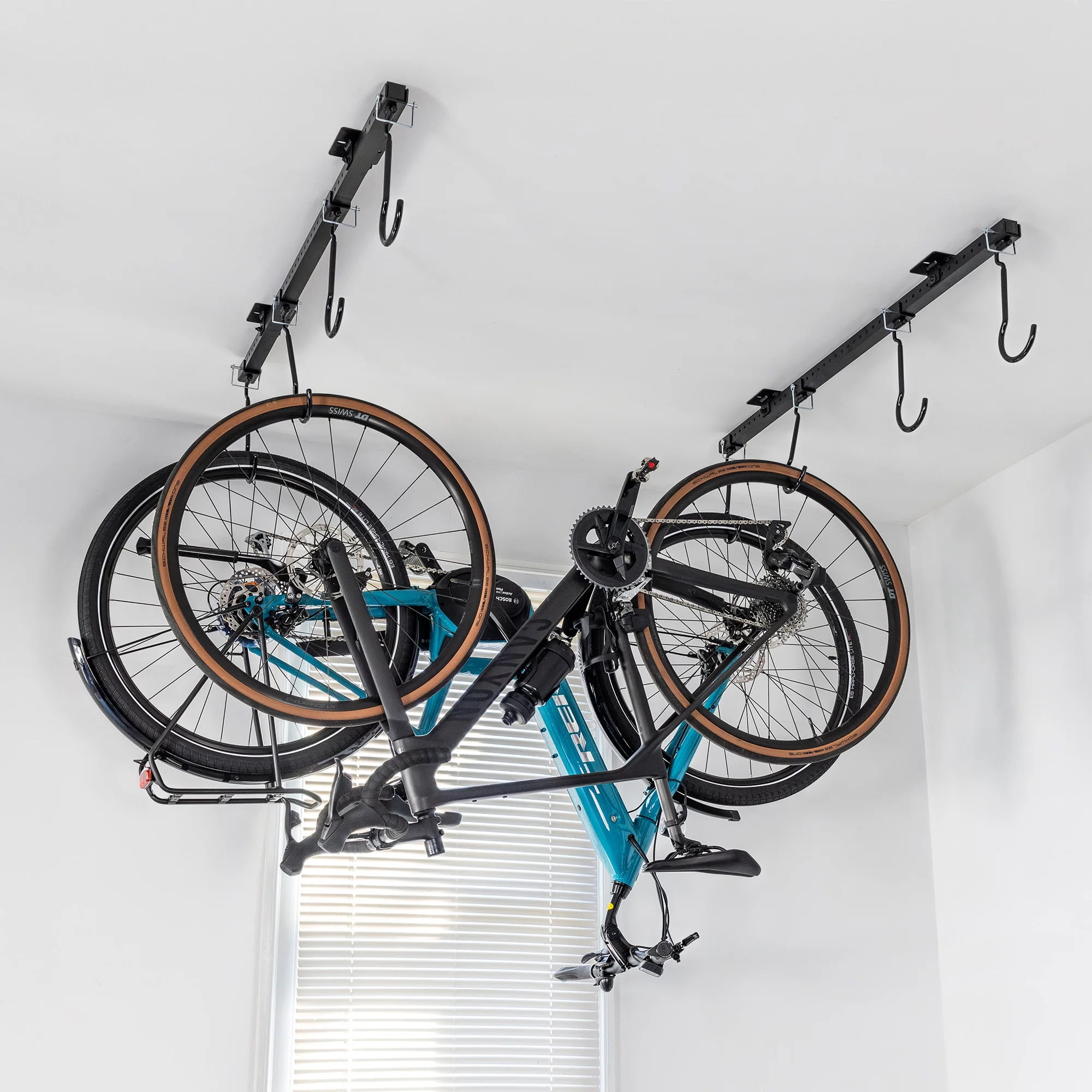 Teal and Black Adjustable Ceiling Mounted Bike Storage Rack