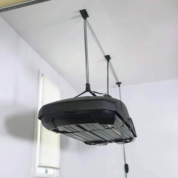 Easy Lift Cargo Box Hoist, Heavy Duty Garage Pulley System, Ceiling & Overhead Storage, Holds up to 150 lbs, Pre-Assembled for Easy Installation, Patented No-Slip Straps
