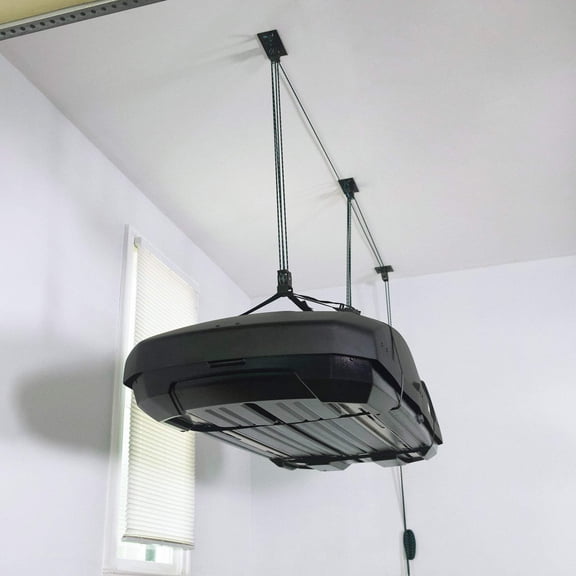 Easy Lift Cargo Box Hoist, Heavy Duty Garage Pulley System, Ceiling & Overhead Storage, Holds up to 150 lbs, Pre-Assembled for Easy Installation, Patented No-Slip Straps