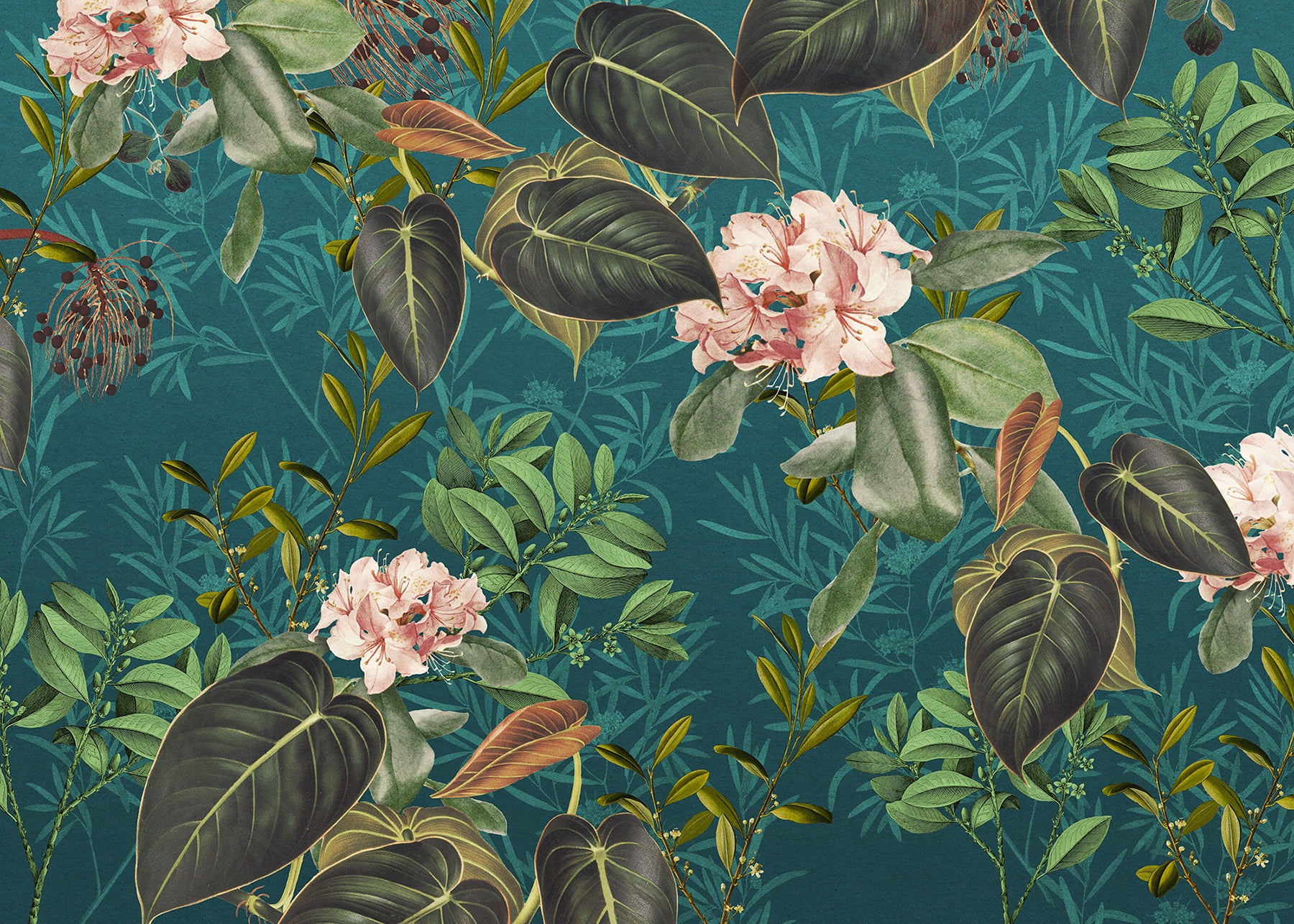 Teal Tropical Botanical Non-Pasted Wall Mural