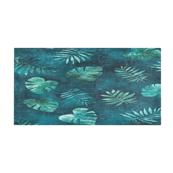 Teal Tropical Leaf Pattern 39x20" Bath Mat Carpet, Absorbent and Non-Slip for Kitchen or Bathroom, Quick-Drying