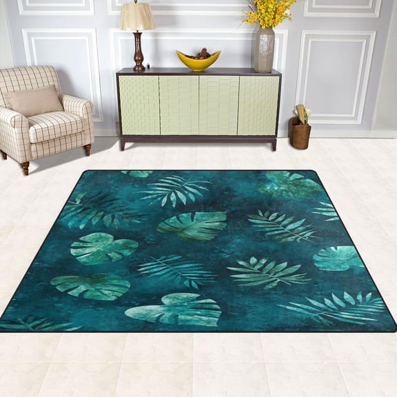 Teal Tropical Leaf Pattern 63''x48'' Plush Memory Foam Bath Mat, Soft, Absorbent, Non Slip, Durable