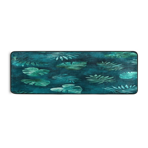 Teal Tropical Leaf Pattern 72x24" Runner Rug, Non-Slip Memory Foam Cushion, Anti-Crease for Hallways and Bedrooms