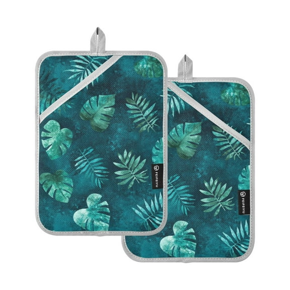 Teal Tropical Leaf Pattern 7x9.8in Pot Holder Set Heat-Resistant Oven Hot Pads Durable with Storage Loop