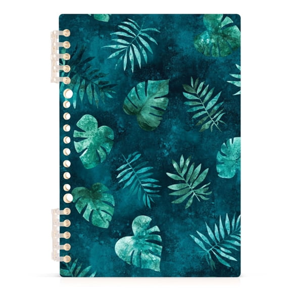 Teal Tropical Leaf Pattern A5 8.3x5.7in PP Notebook, Adjustable Rings, 60 Sheets, Diary or Journey Note