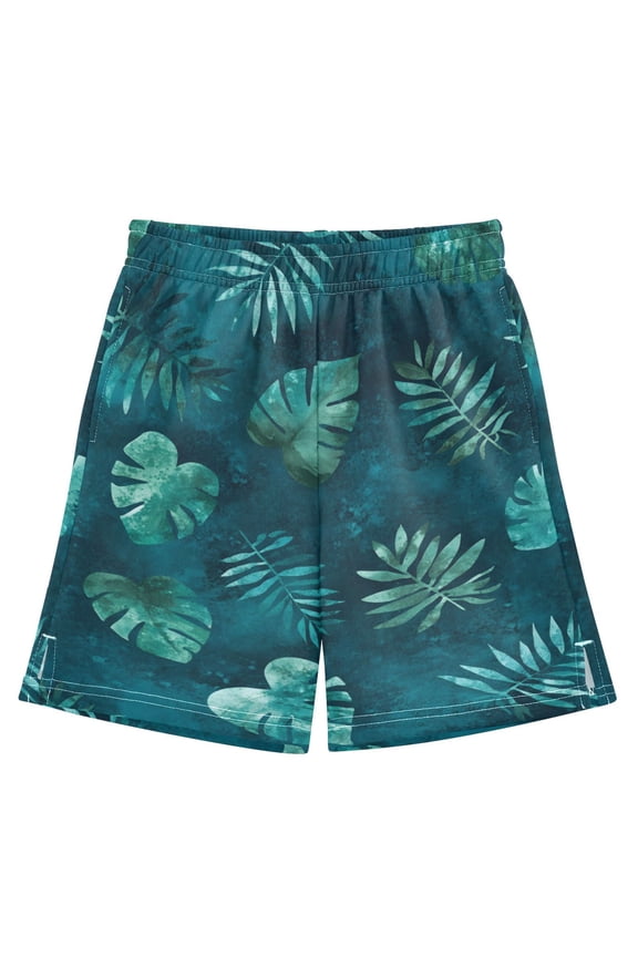 Teal Tropical Leaf Pattern Athletic Shorts Breathable with Comfort Fit Drawstring Casual Sweatshorts Medium