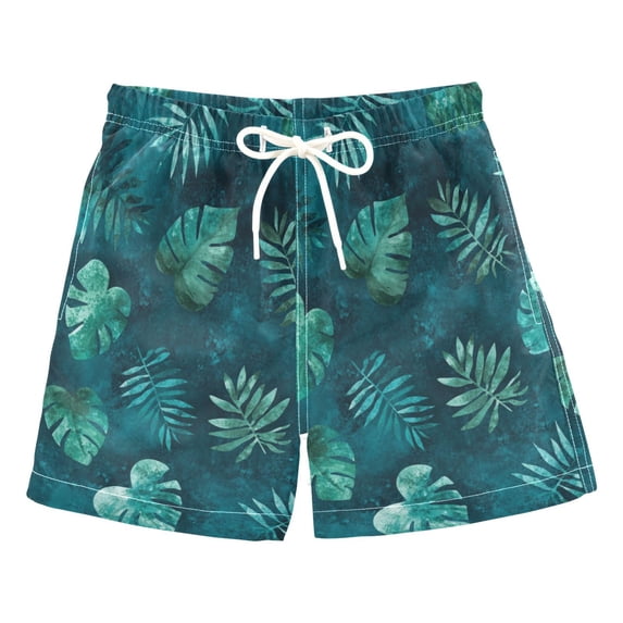 Teal Tropical Leaf Pattern Boys' Swim Trunks Beach Pool Shorts Quick Dry Soft Fabric Classic Fit