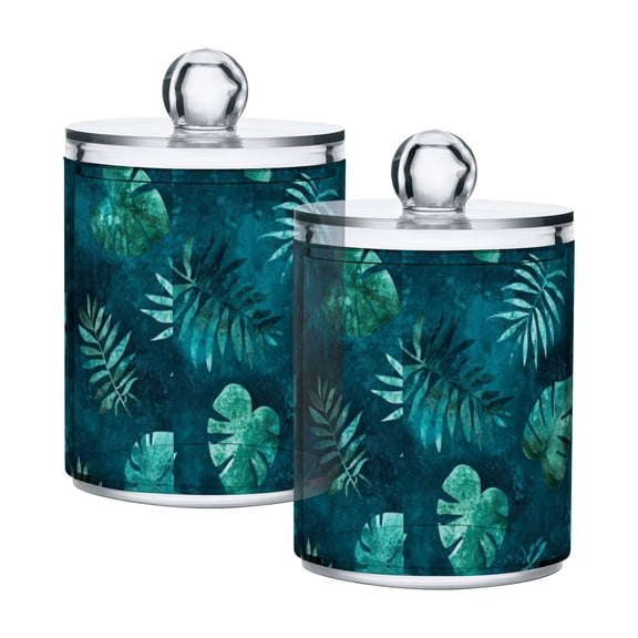 Teal Tropical Leaf Pattern Cotton Swabs Cans Translucent Plastic Canisters Dustproof Lid for Bathroom Storage