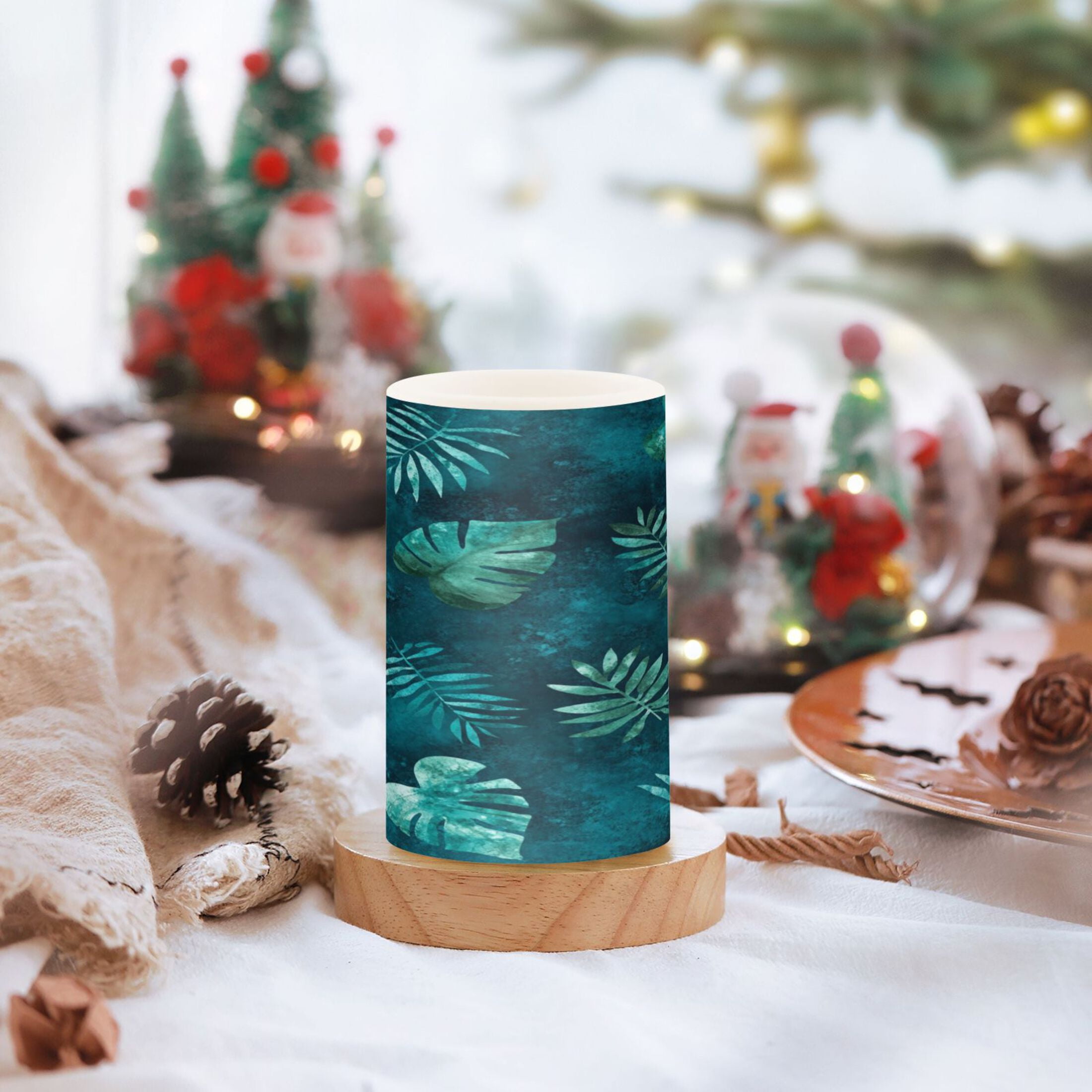 Teal Tropical Leaf Pattern Set of 2 Flameless LED Candles Remote and Timer Indoor Outdoor