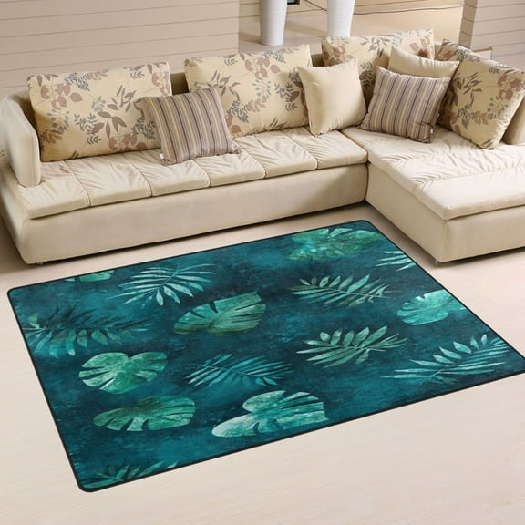 Teal Tropical Leaf Pattern Soft Polyester Area Rug 31''x20'', Non Slip, Memory Foam, Water Absorbent