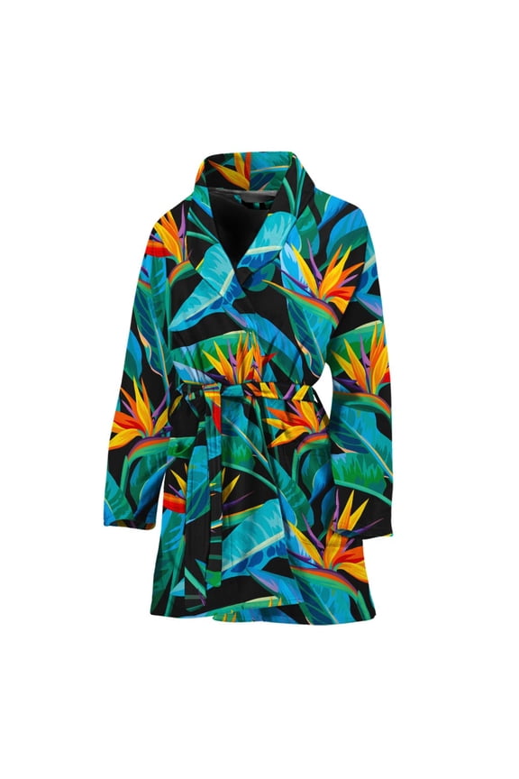 Teal Tropical Pattern Women Bathrobe One Size Univeral Fits, Aloha Hawaiian Tropical Floral Plants Summer Fashion Lightweight Plush Fleece Long Robe For Women