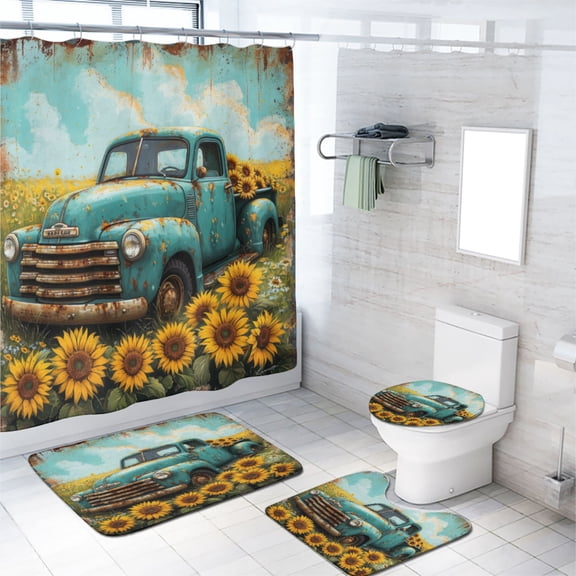 Teal Truck 4 Piece Shower Curtain Sets Sunflower Rustic Farmhouse Car Country Retro Style Bath Curtain for Bathroom Waterproof Fabric Bathroom Decor Set, 72x72 Inch