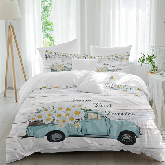 Teal Truck with Daisy Full Size Comforter Set, Spring Flower Plant Wood Grain Bedding for All Seasons, 4 Pcs Bed Set, 1Quiltcover (86"x86") ,1Sheet(80"x116"), 2Pillowcases (30"x20")