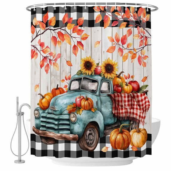 Teal Truck Fall Shower Curtain, Waterproof Shower Curtains for Bathroom, Thanksgiving Pumpkins Maple Leaves Wooden Washable Fabric Bathtub Curtain Set Bath Decor with 12 Hooks 48"x72"