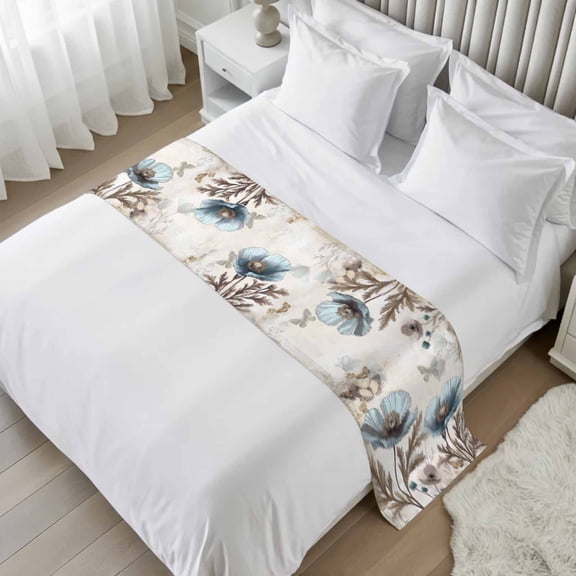 Teal Tulip Bed Runner, Satin Bed Throw Runner for Queen Size Beds, Vintage Spring Floral Summer Botanical Brown Decorative Bedding Scarf for Bedroom Hotel Wedding Room Guestrooms 94"x20"
