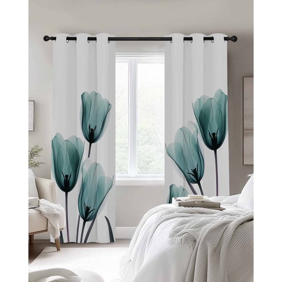 Teal Tulip Blackout Curtains 2 Panels X-ray Flower Transparent Floral Plant Thermal Insulated Grommet Window Curtains for Bedroom Living Room 27.5"x39"