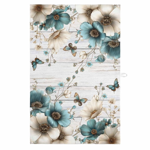 Teal Tulip Butterfly 1 Pack Kitchen Towel, Water Absorbent Dish Towel, Beige Turquoise Floral Grey Wooden Decorative Hand Towels - Quick Drying Cloth for Cooking Baking, 18x28 Inch