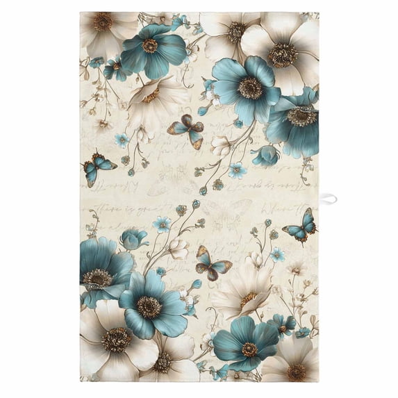 Teal Tulip Butterfly 1 Pack Kitchen Towel, Water Absorbent Dish Towel, Turquoise Floral Farmhouse Beige Decorative Hand Towels - Quick Drying Cloth for Cooking Baking, 18x28 Inch
