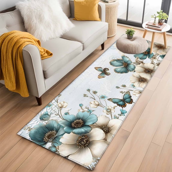 Teal Tulip Butterfly 2'x6' Runner Rugs for Hallway Kitchen Bedside Non Slip Washable, Beige Turquoise Floral Blue Coastal Entryway Rug Runners with Rubber Backing, Long Carpet Runner for Laundry Room