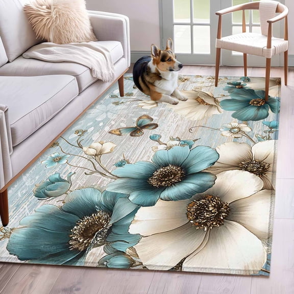 Teal Tulip Butterfly Area Rugs 3'x5', Washable Small Throw Rugs for Living Room Bedroom, Beige Turquoise Floral Farmhouse Blue Indoor Outdoor Rug Non-Slip Low Pile Carpet Runner Reversible Floor Mats