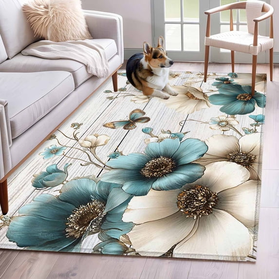 Teal Tulip Butterfly Area Rugs 3'x5', Washable Small Throw Rugs for Living Room Bedroom, Beige Turquoise Floral Grey Wooden Indoor Outdoor Rug Non-Slip Low Pile Carpet Runner Reversible Floor Mats