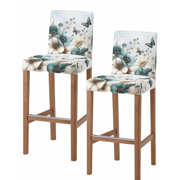Teal Tulip Butterfly Bar Stool Covers Set of 2, Beige Turquoise Floral Blue Coastal Stretch Washable Bar Chair Covers with Backs, Removable Pub Counter Height Chair Cover for Kitchen Dining Room Cafe
