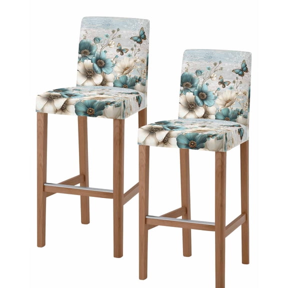 Teal Tulip Butterfly Bar Stool Covers Set of 2, Beige Turquoise Floral Farmhouse Blue Stretch Bar Chair Covers with Backs, Removable Pub Counter Height Chair Cover for Kitchen Dining Room Cafe