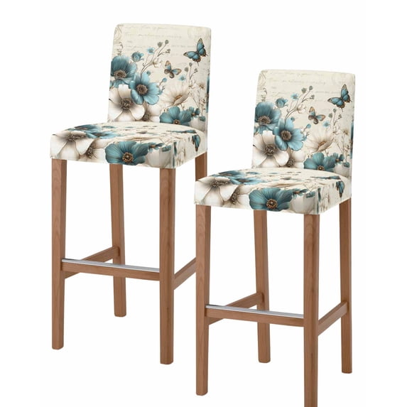 Teal Tulip Butterfly Bar Stool Covers Set of 2, Turquoise Floral Farmhouse Beige Stretch Washable Bar Chair Covers with Backs, Removable Pub Counter Height Chair Cover for Kitchen Dining Room Cafe