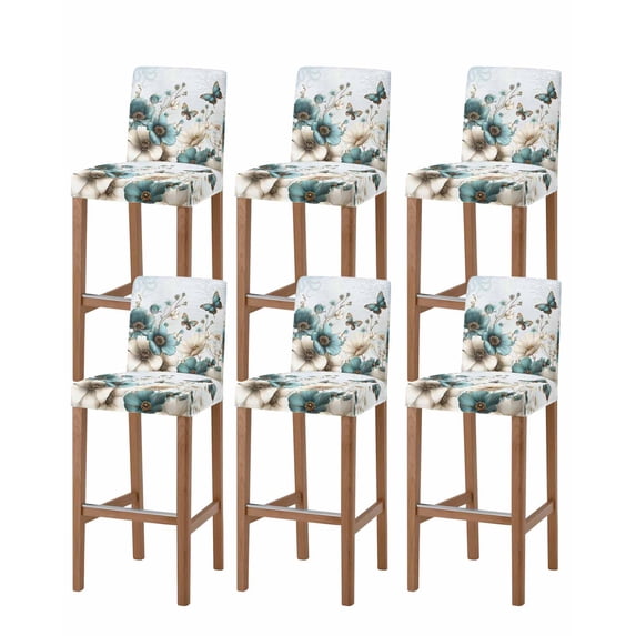 Teal Tulip Butterfly Bar Stool Covers Set of 6, Beige Turquoise Floral Blue Coastal Stretch Washable Bar Chair Covers with Backs, Removable Pub Counter Height Chair Cover for Kitchen Dining Room Cafe