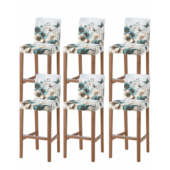 Teal Tulip Butterfly Bar Stool Covers Set of 6, Beige Turquoise Floral Blue Coastal Stretch Washable Bar Chair Covers with Backs, Removable Pub Counter Height Chair Cover for Kitchen Dining Room Cafe