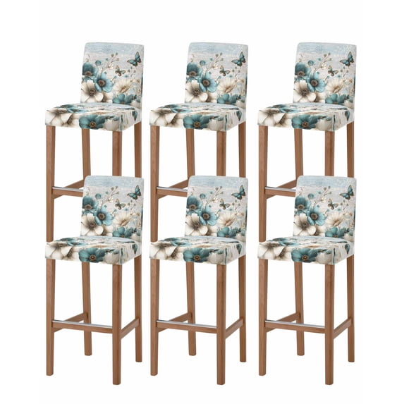 Teal Tulip Butterfly Bar Stool Covers Set of 6, Beige Turquoise Floral Farmhouse Blue Stretch Bar Chair Covers with Backs, Removable Pub Counter Height Chair Cover for Kitchen Dining Room Cafe