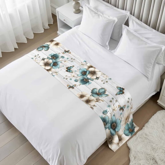 Teal Tulip Butterfly Bed Runner Scarf Twin Size, Beige Turquoise Floral Grey Wooden Luxury Bed Throw Runners & Scarves for Twin Full Queen King Foot of Beds, Bedroom Hotel Decoration, 71"x20"