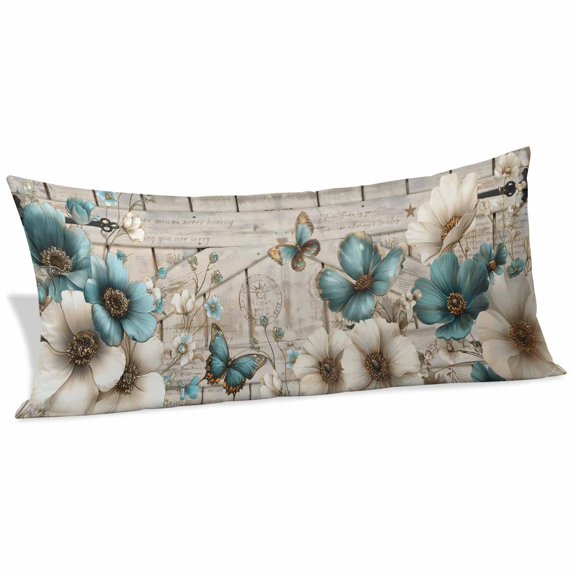 Teal Tulip Butterfly Body Pillow Covers 20"x60", Beige Turquoise Floral Farmhouse Wooden Soft Brushed Microfiber Breathable Throw Pillow Covers, Pillowcase with Zipper for Couch Sofa Bedroom