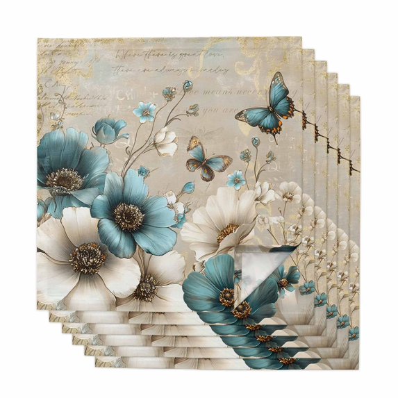 Teal Tulip Butterfly Cloth Napkins, Beige Turquoise Floral Vintage Rustic Washable and Reusable Dinner Napkins Set of 6, Table Napkin for Kitchen Party Birthday Wedding Hotel Housewarming 20"x20"