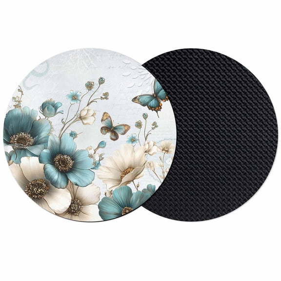 Teal Tulip Butterfly Coasters Set of 2, Absorbent Coasters for Drinks, Beige Turquoise Floral Blue Coastal Coaster for Desk Coffee Table Protection, Home Decor House Warming Gifts 4"