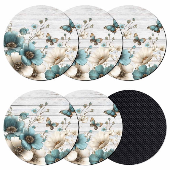 Teal Tulip Butterfly Coasters Set of 6, Absorbent Coasters for Drinks, Beige Turquoise Floral Grey Wooden Coaster for Desk Coffee Table Protection, Home Decor House Warming Gifts 4"