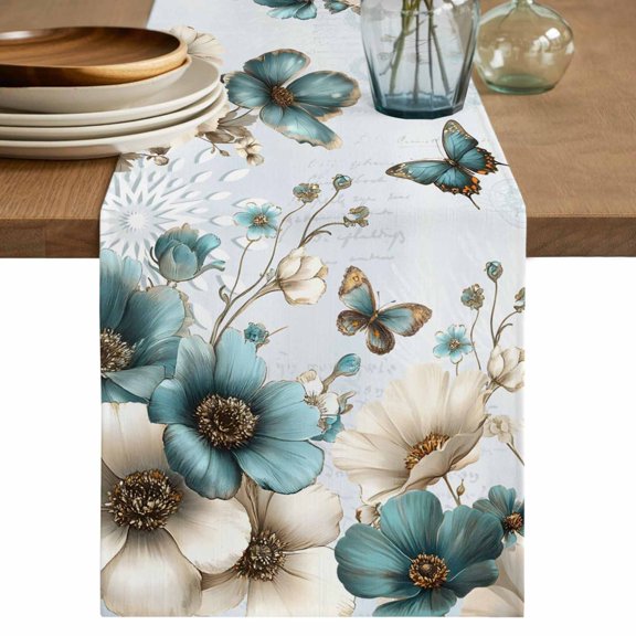 Teal Tulip Butterfly Cotton Linen Table Runner for Dining Kitchen, Beige Turquoise Floral Blue Coastal Wedding Outdoor Party Tablerunners, Dresser Scarf Coffee Tablecloth Runners 13x70 Inches