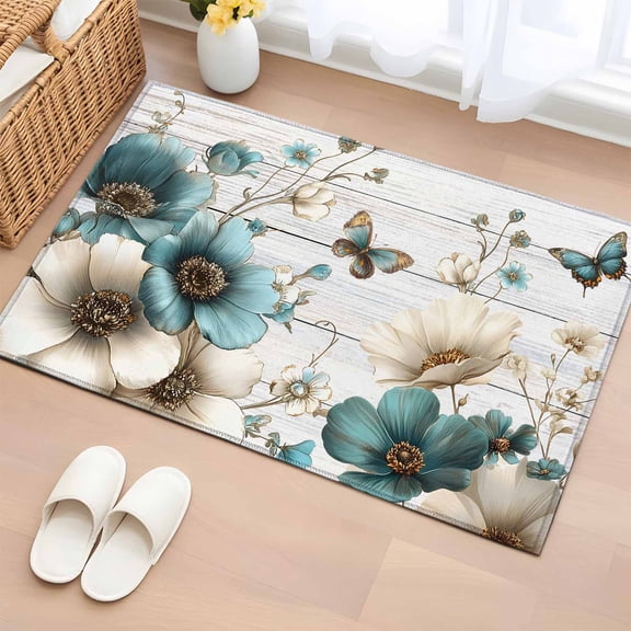 Teal Tulip Butterfly Entryway Rug 2'x3' Non Slip Front Door Mats, Beige Turquoise Floral Grey Wooden Entrance Rugs Indoor Outdoor Carpet, Washable Floor Mats Small Area Rug for Bedroom Kitchen