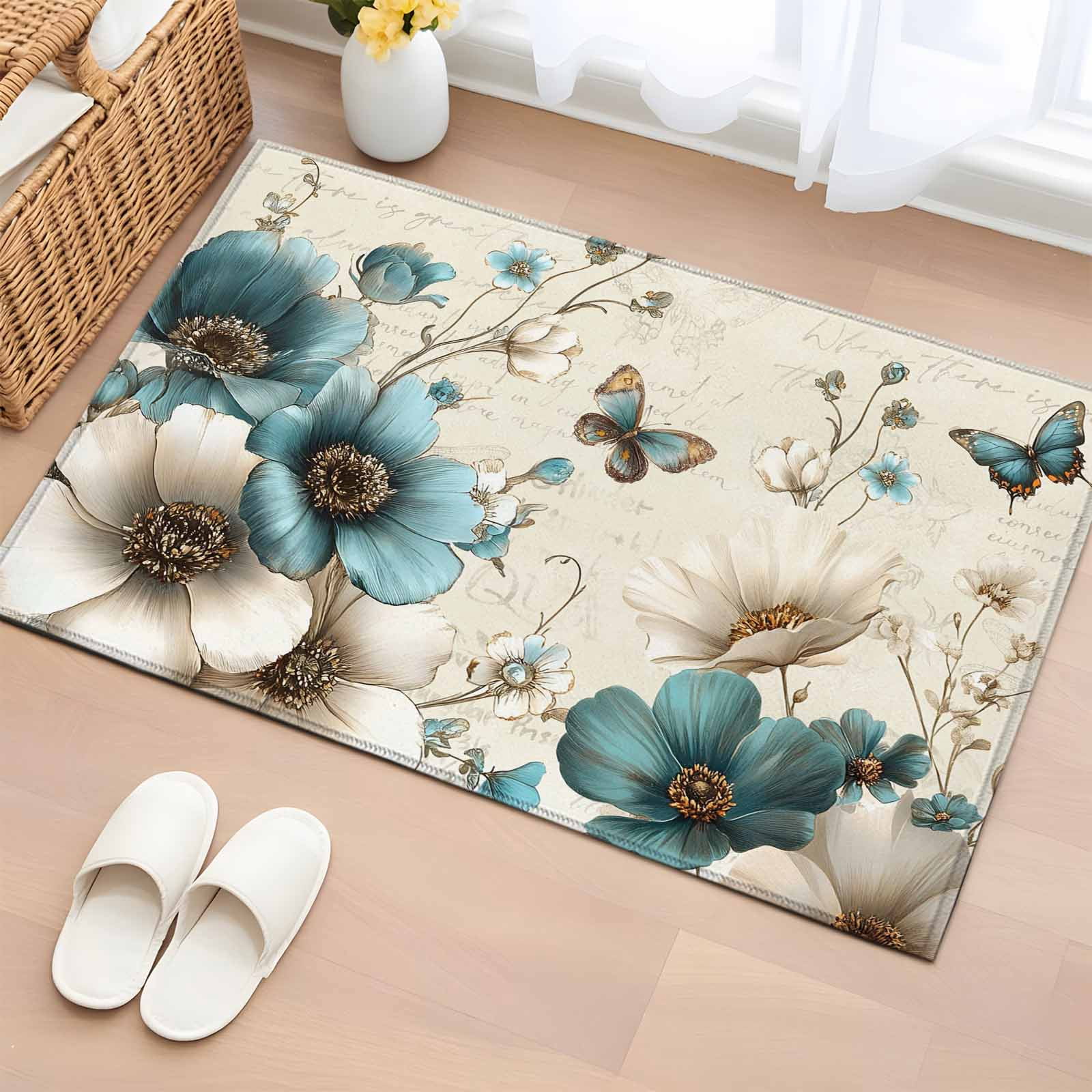 Teal Tulip Butterfly Entryway Rug 2'x3'&nbsp; Non Slip Front Door Mats, Turquoise Floral Farmhouse Beige Entrance Rugs Indoor Outdoor Carpet, Washable Floor Mats Small Area Rug for Bedroom Kitchen